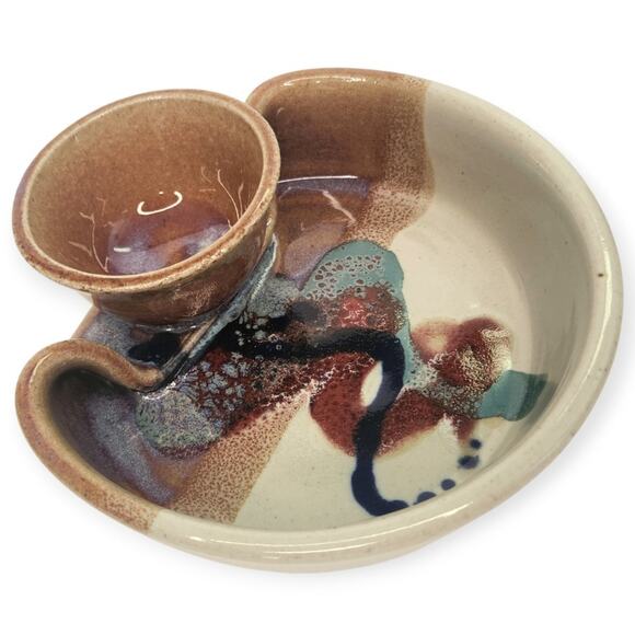 Bruce Larrabee Bi-part Ceramic Glazed Chip Dip Serving Bowl Artisan Pottery - Picture 1 of 10